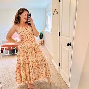 THE GREAT. Cream Red Cotton Floral Lace Tiered Maxi Dress 0 Small